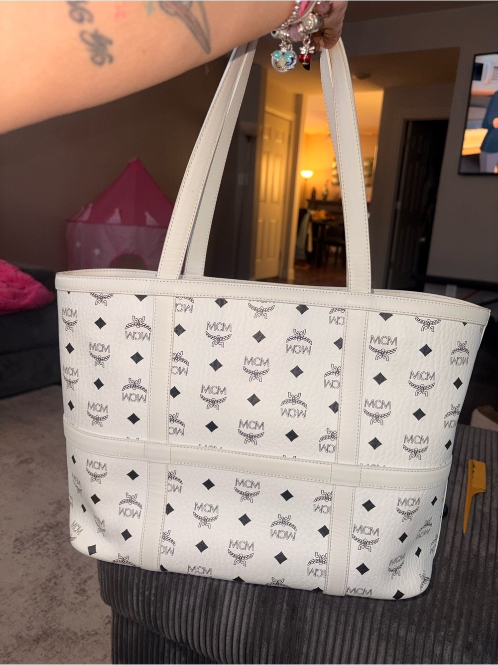 MCM White Logo Monogram Canvas Tote